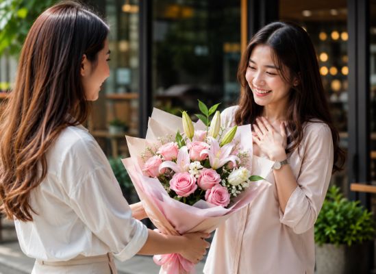 Buket bunga mawar pink dan lily sebagai ucapan terima kasih sudah membantu