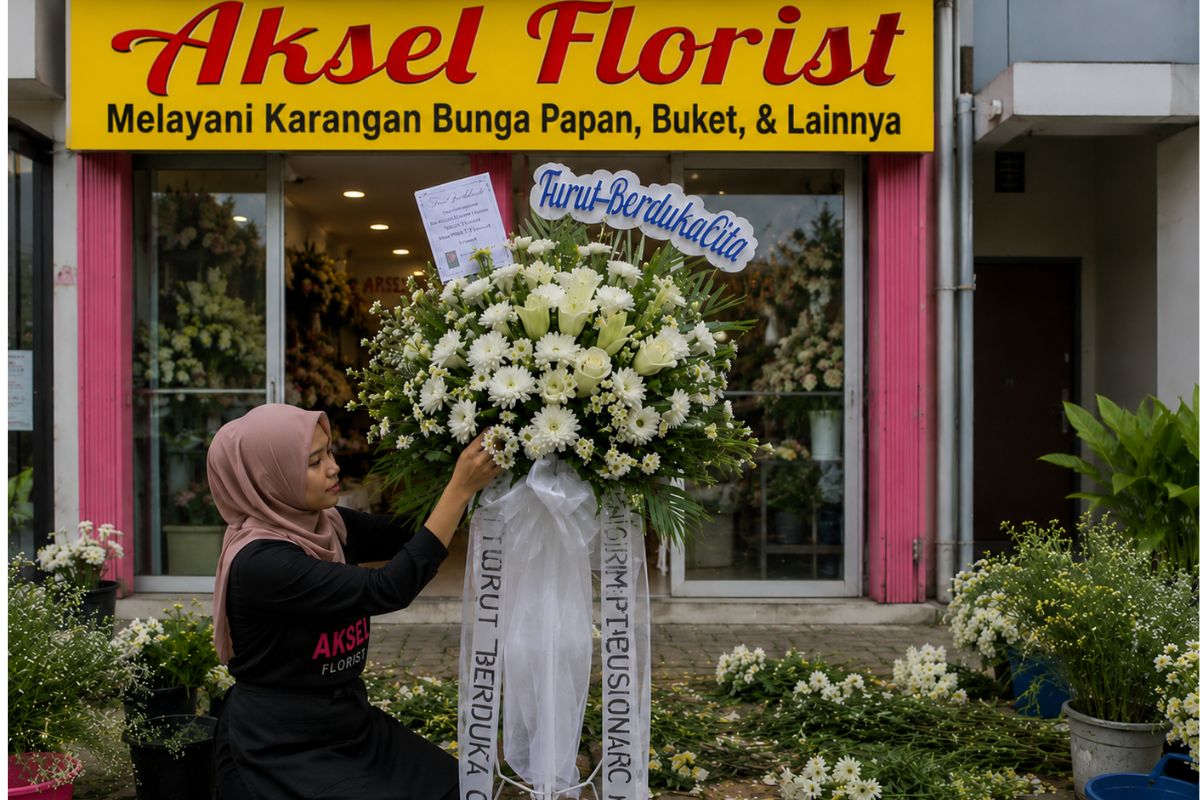 Dokumentasi tahapan pembuatan standing flower dukacita di workshop Aksel Florist mulai dari proses perangkaian hingga hasil akhir siap dikirim.